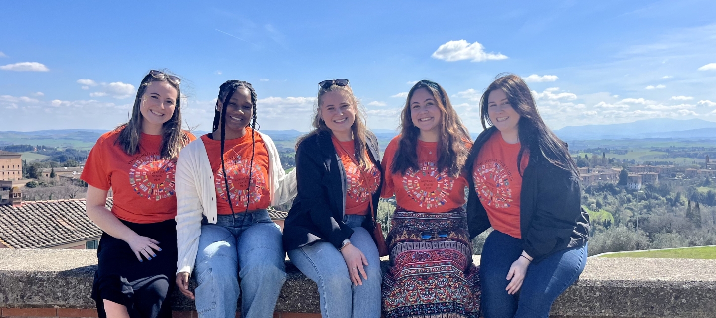 five young women in matching orange tshirts sitting on a wall above the city of Siena smiling at the camera
